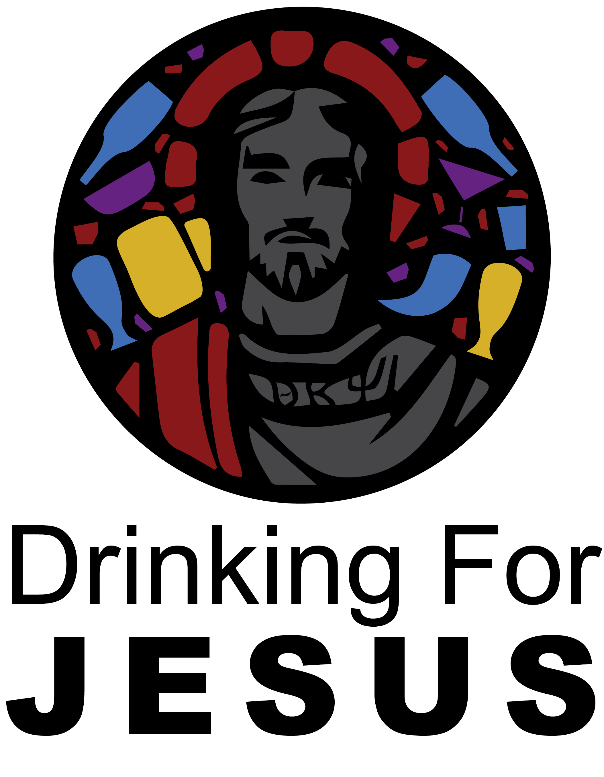 T-shirt designed for an organization on campus. Stain-glass Jesus is surrounded by drinking vessels. Text reads "Drinking for Jesus"