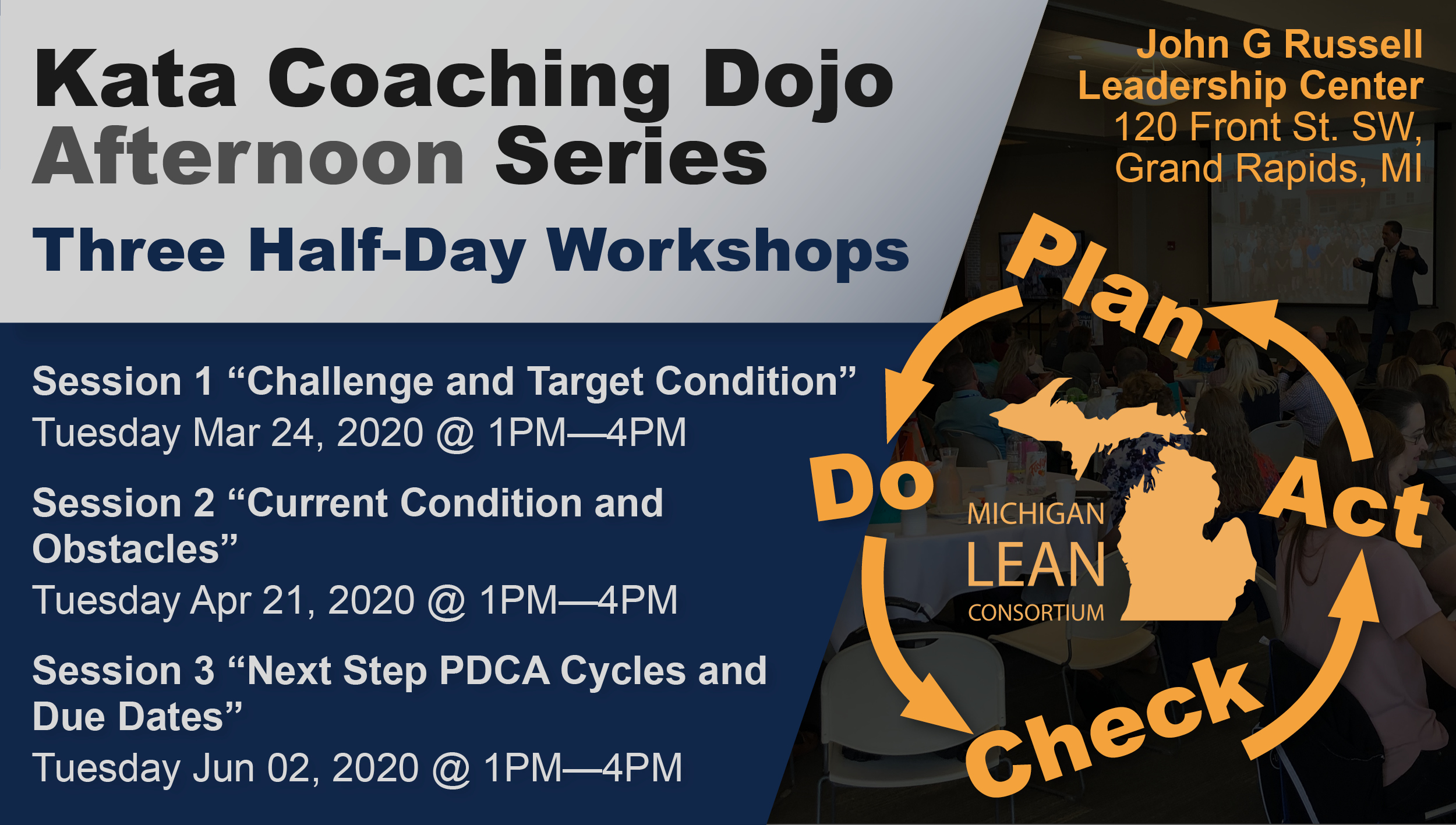 Kata Coaching Dojo Afternoon Series flyer with MLC logo and background image.
