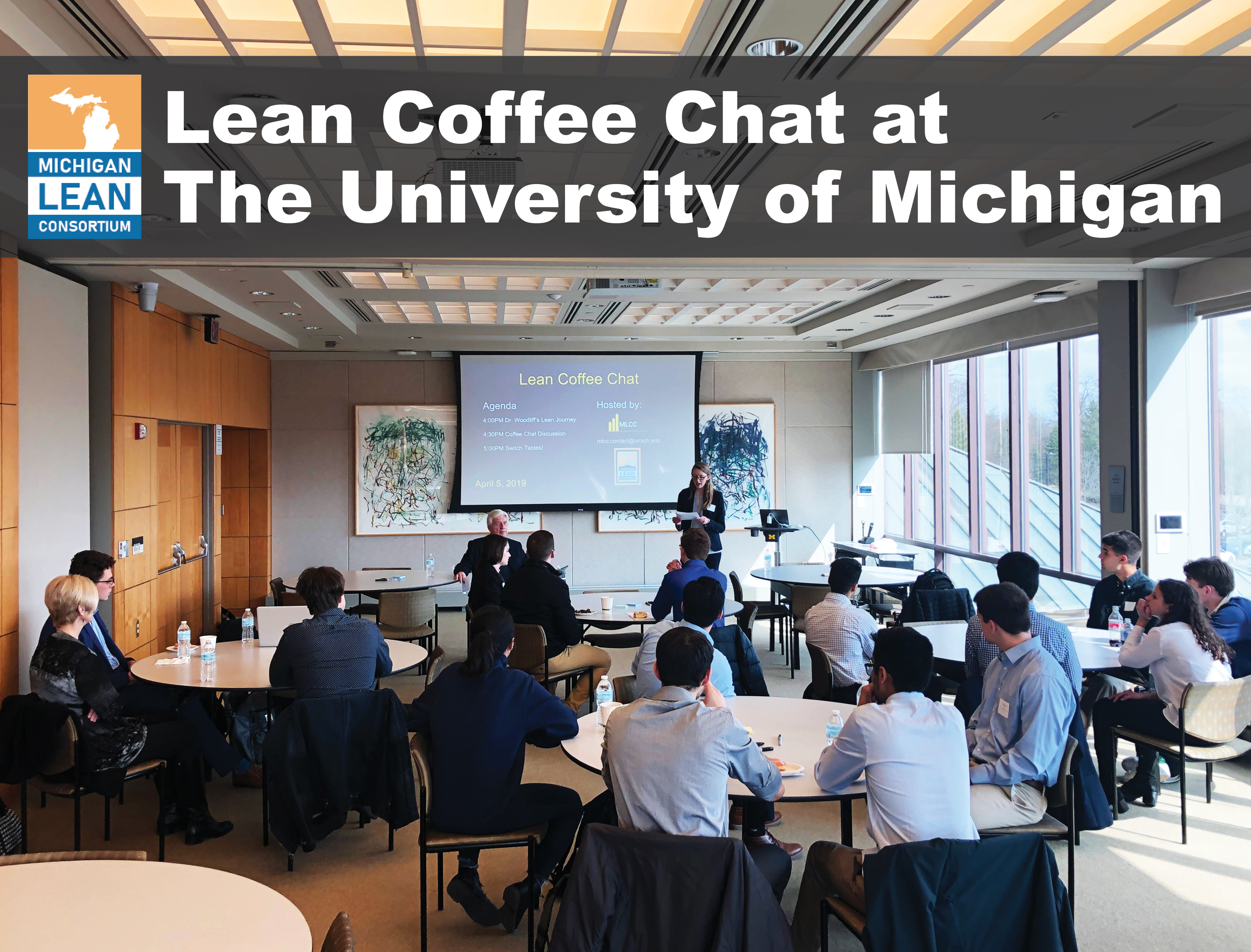 "Lean Coffee Chat at The University of Michigan" social media flyer with MLC logo and background image.
