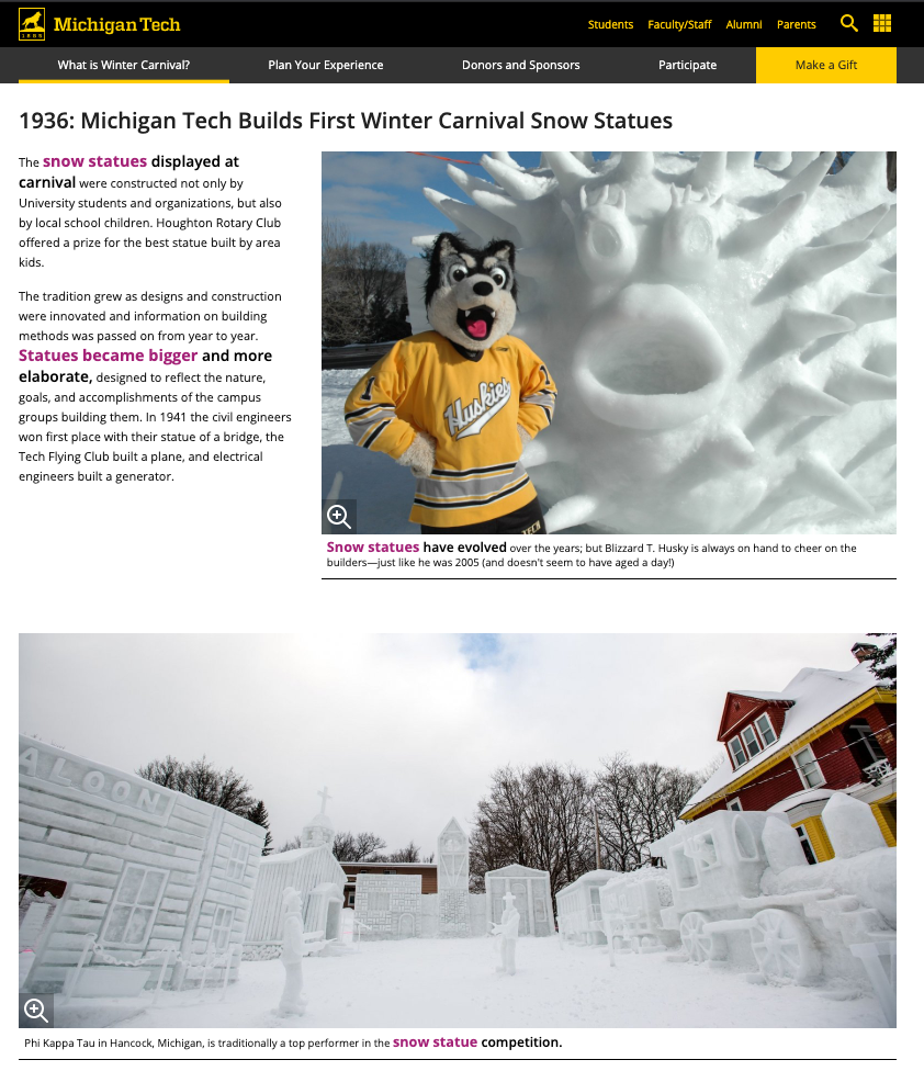 Screenshot of the Winter Carnival History Webpage