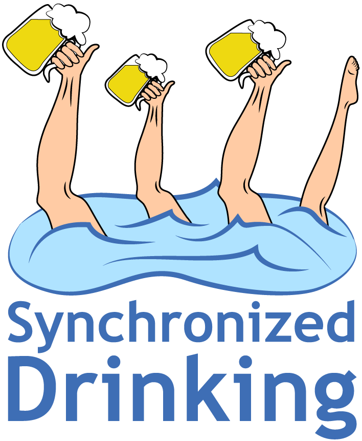 Three arms holding beers and one leg is depicted as swimming in a not-quite-synchronized manner. Text says "Synchronized Drinking"